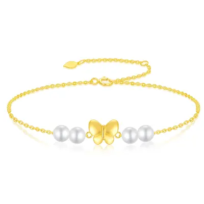 14K Gold Pearl Butterfly Charm Bracelet