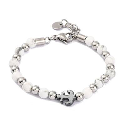 Natural Howlite & Synthetic Magnetic Hematite Anchor Beaded Bracelet