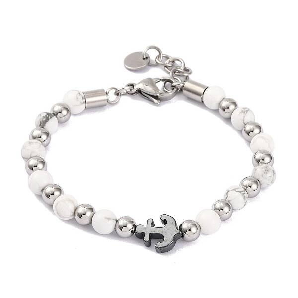 Natural Howlite & Synthetic Magnetic Hematite Anchor Beaded Bracelet
