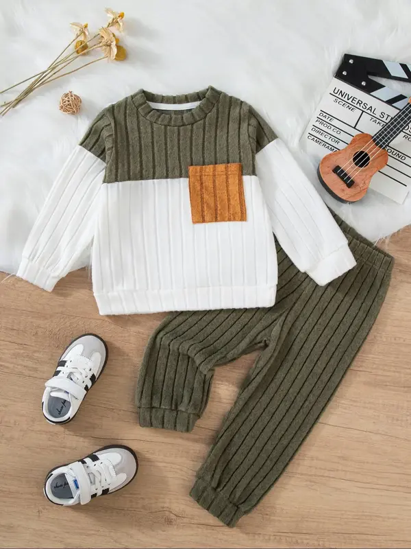 Toddler Boys Knitted 2Pcs Sets Splicing Color Pocket Round Neck Long Sleeve T-shirt+Legged Pants Set Grid Elasticity, Cute, S...