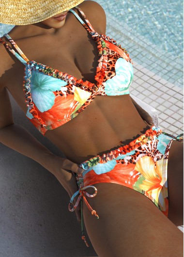 Modlily Ruched Mid Waisted Floral Print Orange Bikini Set - XS