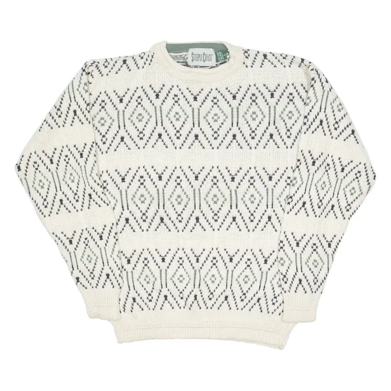 STEEPLECHASE Mens Patterned Jumper Cream Geometric Tight Knit L