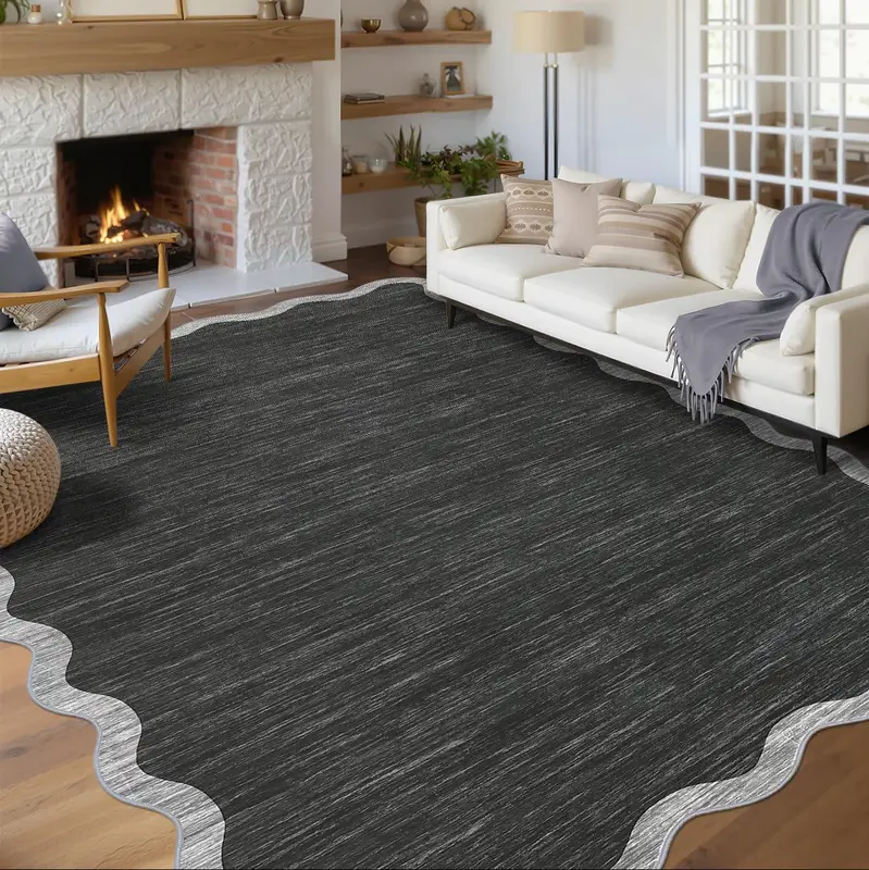Garvee Scalloped Washable Area Rug 6x9 Black Non Slip Low Pile Modern Rug for Living Room Bedroom Dining Room