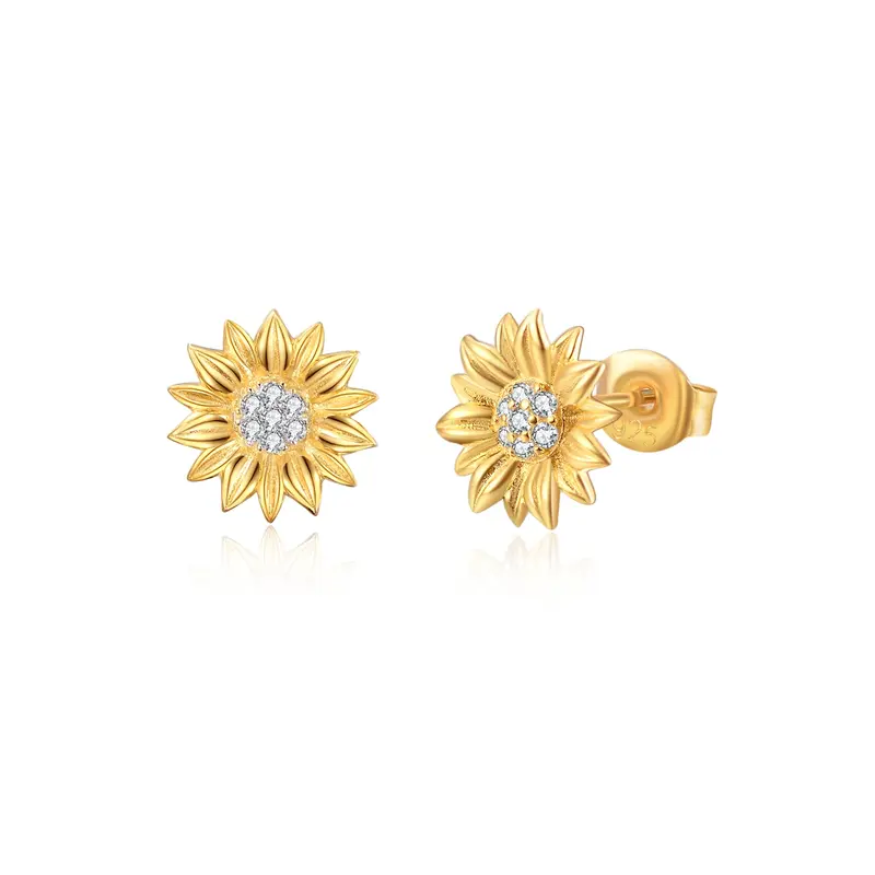 Sterling Silver with Yellow Gold Plated Circular Shaped Cubic Zirconia Sunflower Stud Earrings