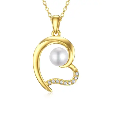 14K Gold Moissanite & Pearl Heart Pendant Necklace