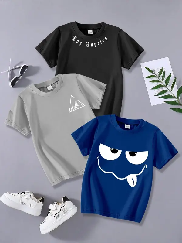 Boy's Cartoon & Letter Print Tee, Casual Soft Comfy Round Neck Short Sleeve T-shirt for Summer, Kids Clothes for Daily Wear