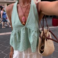 Women's Fashion Elegant Plaid Babydoll Vest Lace-up Halter Sleeveless Backless Cropped Vest Top Summer Street Style