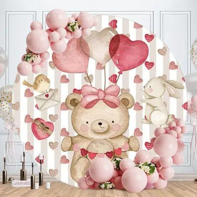 Aperturee Circle Teddy Bear And Rabbit Valentines Backdrop