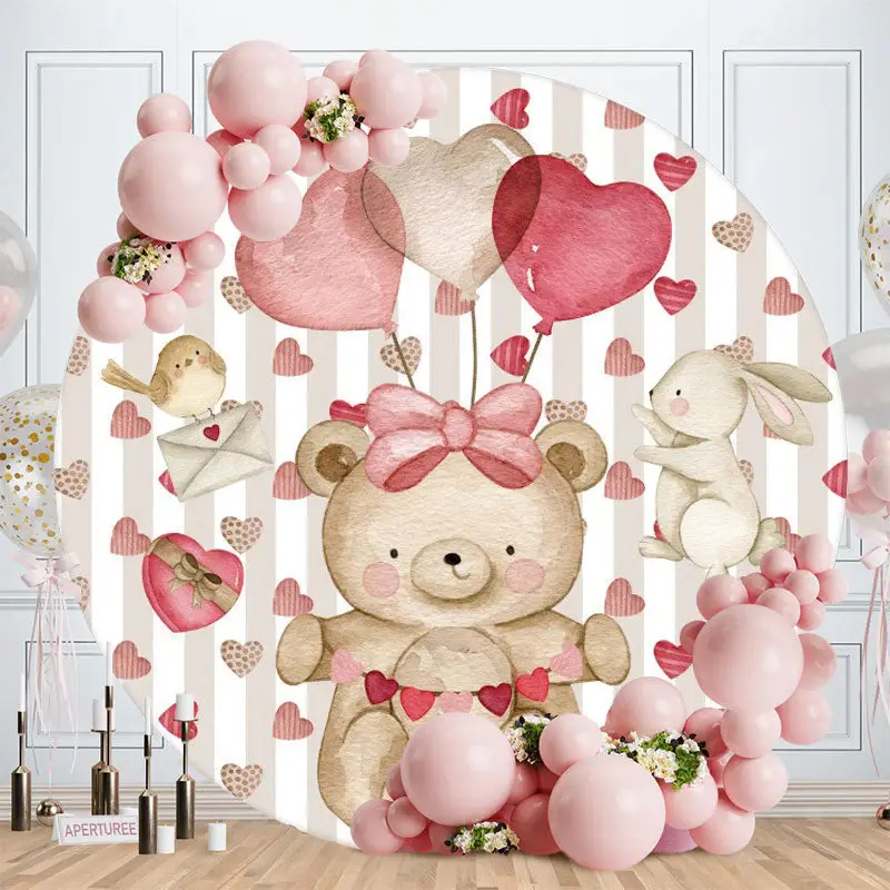 Aperturee Circle Teddy Bear And Rabbit Valentines Backdrop