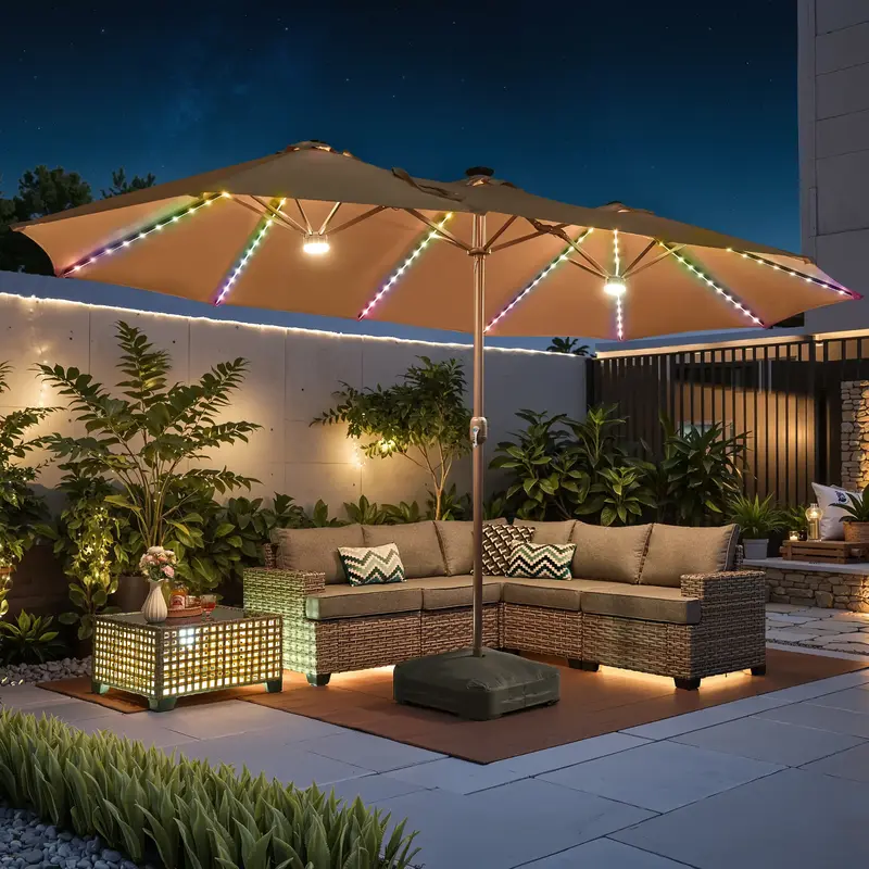 POUUIN 14.5 ft Large Patio Umbrella with SolarLED Lights &Base, Extra Large Outdoor TwinUmbrella w/36 Lights, forPatio Garden...