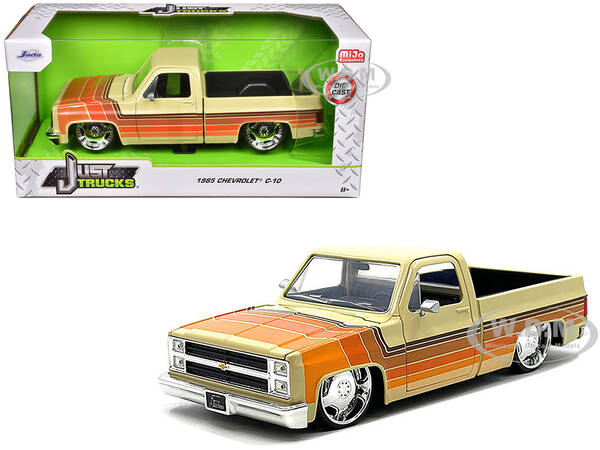 1985 Chevrolet C-10 Pickup Truck Beige with Stripes and Lowenhart Wheels Just Trucks Series 1/24 Diecast Model Car by Jada