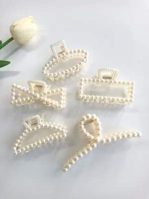 Summer 2024 Elegant Style Geometric Faux Pearl Decor Hair Claw Clips, Gorgeous Faux Pearl Hair Claws Set, Fashion Kawaii Hair...