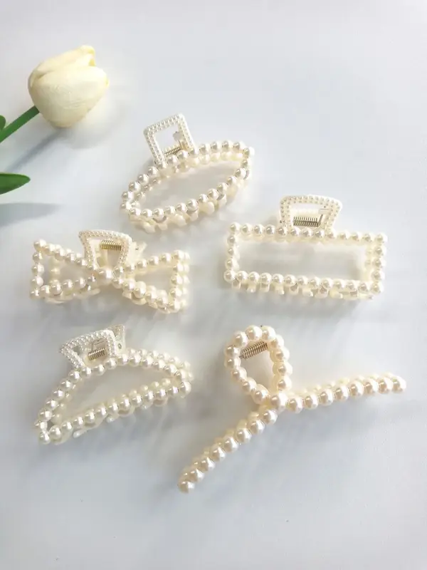 Summer 2024 Elegant Style Geometric Faux Pearl Decor Hair Claw Clips, Gorgeous Faux Pearl Hair Claws Set, Fashion Kawaii Hair...