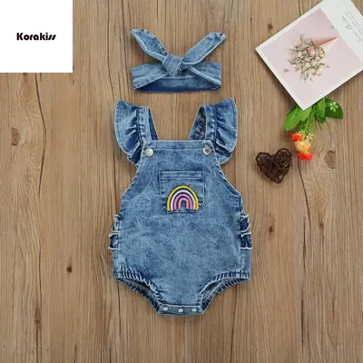 Breathable Baby Girls Outfit, Infant Summer Creative Rainbow Embroidery Fly Sleeve Lace Decoration Denim Romper + Headwear Se...