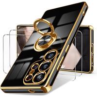 for Samsung Galaxy S25 Ultra 5G Case, 2X Screen Protector, 360°Rotatable Ring Holder Magnetic Kickstand,Plated Gold Edge Sli...