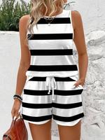 Two-piece Set Women's Striped Print Tank Top & Shorts, Casual Fitted Sleeveless Top & Shorts for Summer, Ladies Clothes for D...