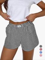 Women's Plaid Print Patched Wide Leg Shorts, Casual Pocket Elastic Waist Shorts for Daily Wear, Ladies Bottoms for All Season...