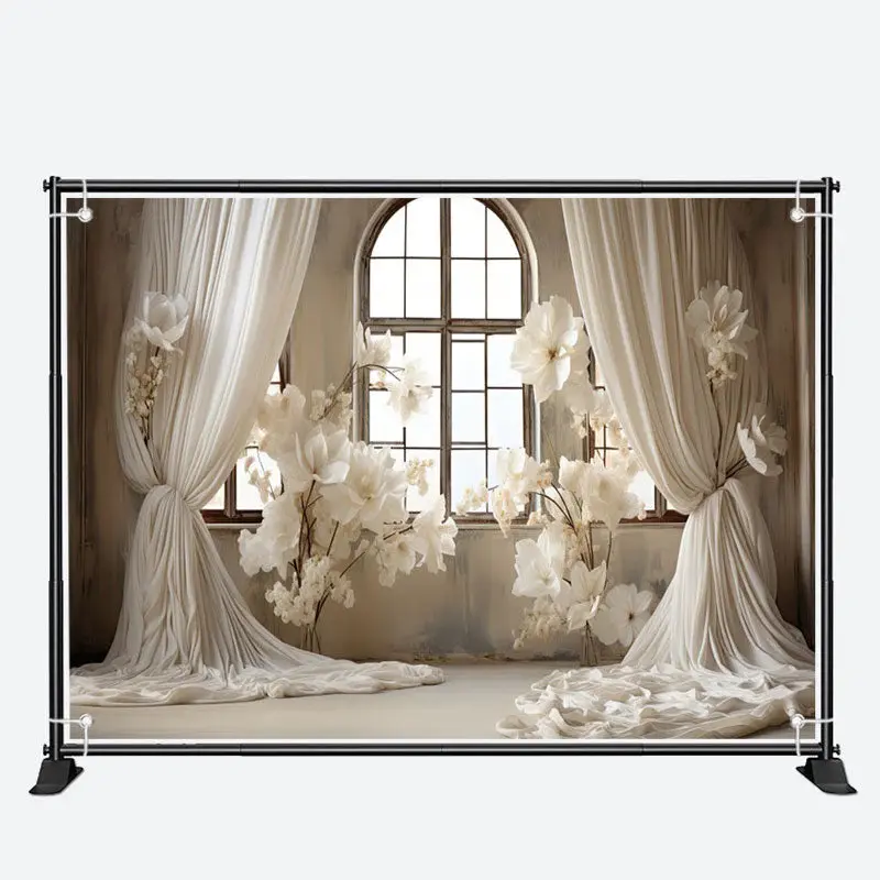White Curtain And Flowers Window Wedding Backdrop - Aperturee