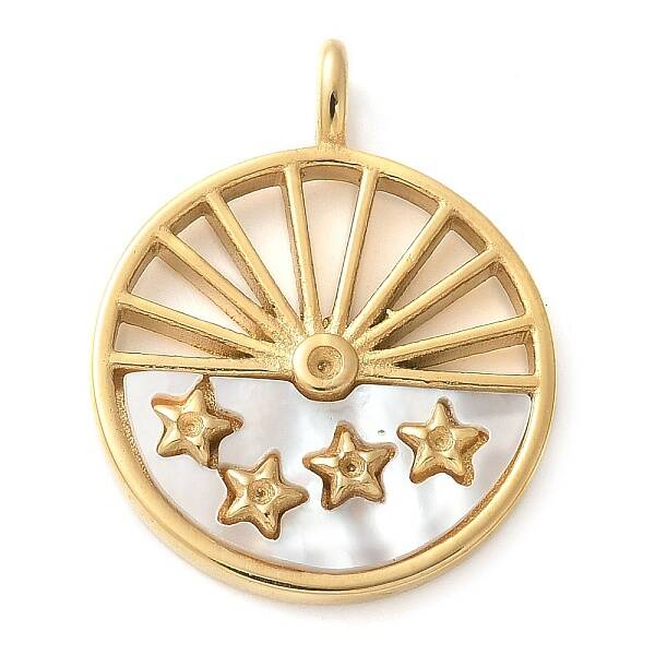 304 Stainless Steel Pave Natural White Shell Flat Round with Star Pendants