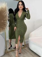 Women's Plain Deep V Neck Dress, Chic Elegant Fashion Casual Long Sleeve Vneck Dress for Daily Outdoor Wear, Women Dress for ...
