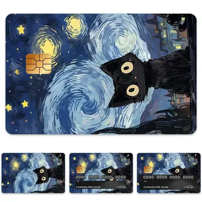 Van Gogh Starry Night Cat Pattern Credit Card Skin, 4 Counts/set Ultra-thin Waterproof Scratch Resistant Card Sticker, Person...