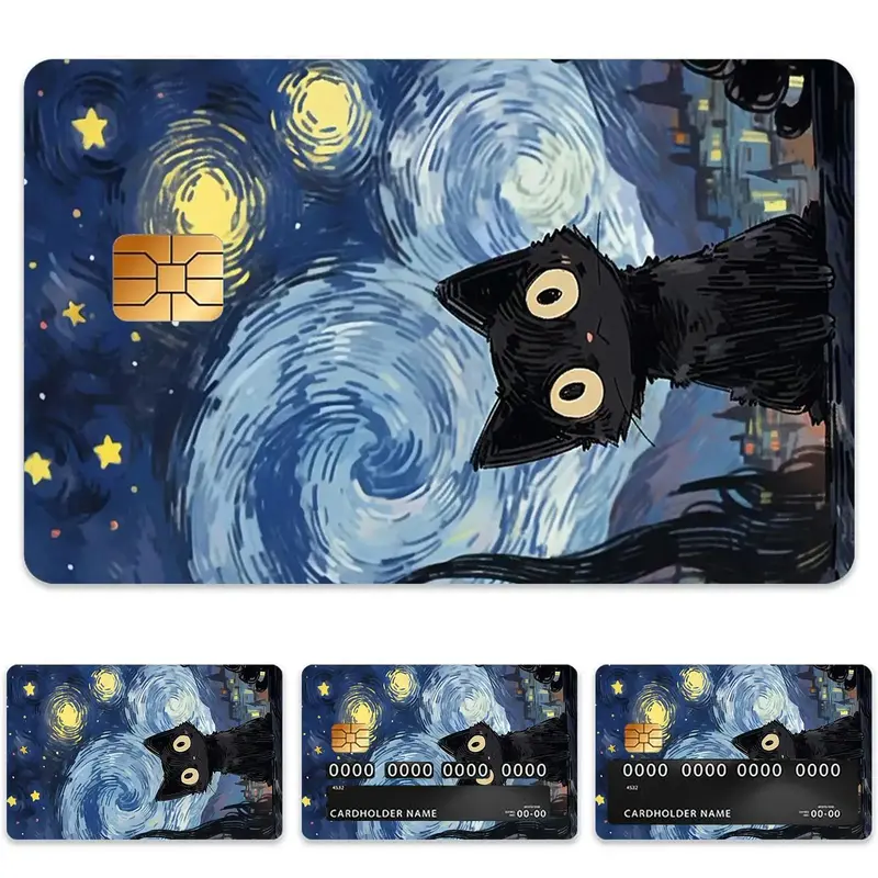 Van Gogh Starry Night Cat Pattern Credit Card Skin, 4 Counts/set Ultra-thin Waterproof Scratch Resistant Card Sticker, Person...