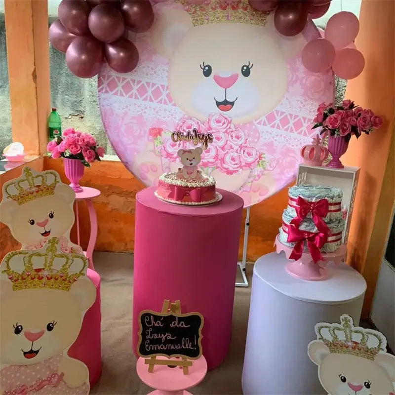 Aperturee Floral And Pink Lacw Teddy With Crown Circle Backdrop | Happy Birthday Round Backdrop | Birthday Round Backdrop Cov...