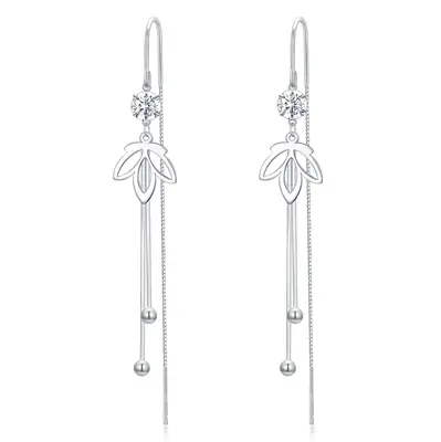 Sterling Silver Circular Shaped Cubic Zirconia Lotus Drop Earrings