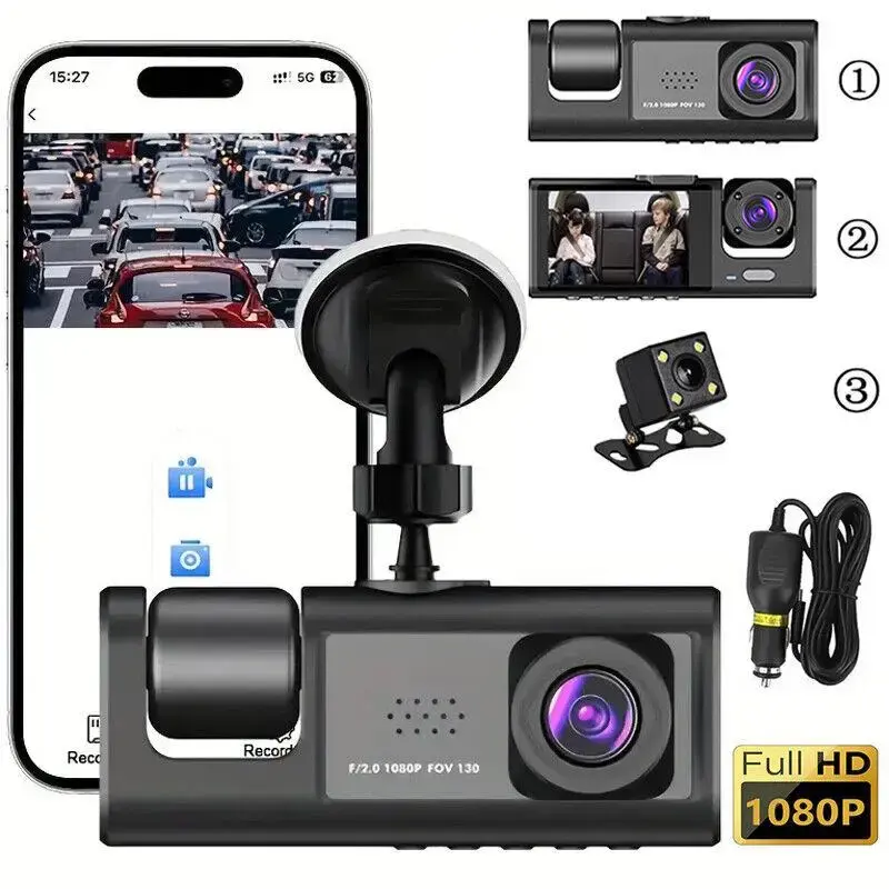 Car DVR Dual Lens Dash Cam HD 1080P Front/Rear/Inside Video Recorder Camera G-sensor, 3 Channel Dash Cam, 170° Wide Angle 10...
