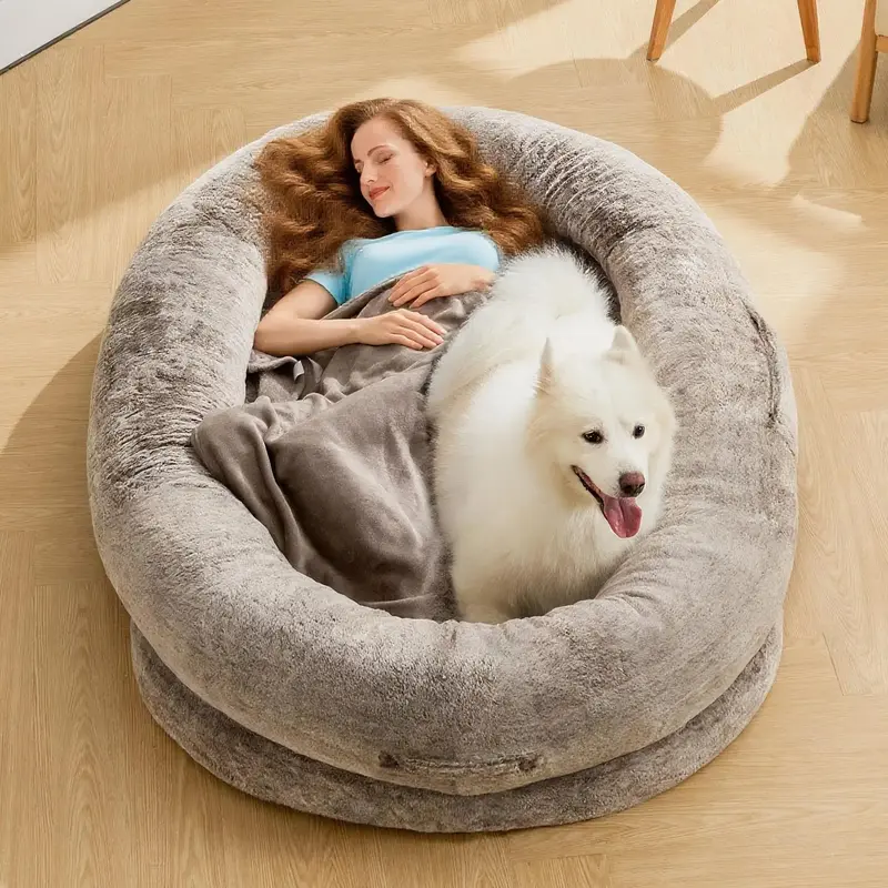 【FallDealsForYou】Cozy XL Human Dog Bed for Adults & Pets – Faux Fur Lounger with Pillow & Blanket, Washable Orthopedic ...