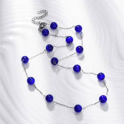 304 Stainless Steel Cat Eye Round Beads Handmade Chain Necklaces for Women