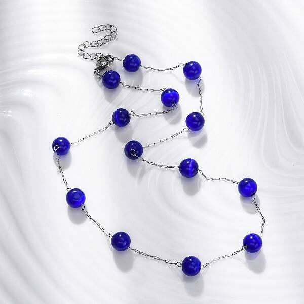 304 Stainless Steel Cat Eye Round Beads Handmade Chain Necklaces for Women