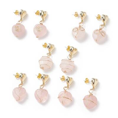 5 Pair 5 Style Natural Rose Quartz Heart Dangle Stud Earrings