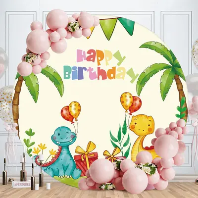 Aperturee Cute Dinosaur Balloons Circle Happy Birthday Backdrop | Round Backdrop Cover Diy | Custom Round Backdrop | Custom R...