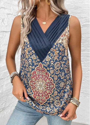 Modlily Blue Patchwork Tribal Print Sleeveless V Neck Tank Top - XL
