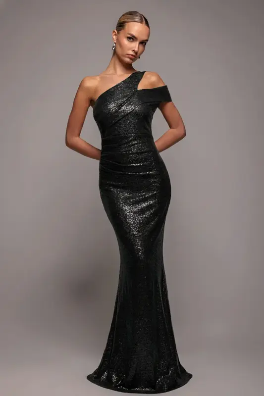 Goddiva One Shoulder Sequin Evening Maxi - Black