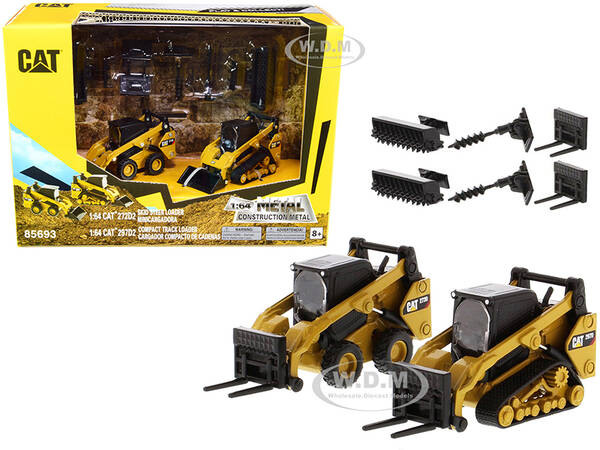 Set of 2 pieces CAT Caterpillar 272D2 Skid Steer Loader and CAT Caterpillar 297D2 Compact Track Loader with Accessories 1/64 ...