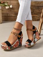 Women's Stylish Classy Ethnic Floral Pattern Wedge Heels Sandals, Bohemian Sandals, High Wedge Heels, Boho Style Open Toe Pla...