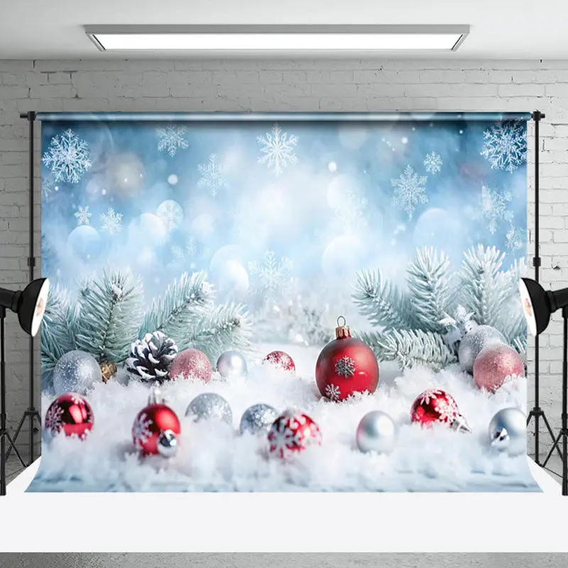 Aperturee Blue Snowflake Pine Leaves Baubale Christmas Backdrop