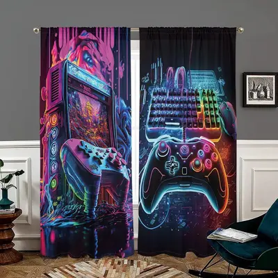 Game Console Pattern Door Curtain, 2 Counts/set Retro Game Controller Printed Curtain, Home Decor for Bedroom, Living Room, K...