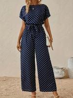 Women's Polka Dot Print Belted Wide Leg Jumpsuit, Elegant Short Sleeve Round Neck Jumpsuit for Vacation Holiday Daily Wear, L...