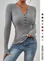 Women's Plain Button Front Ribbed Knitting Sweater Tops, 2025 Elegant Chic Slim Fit Long Sleeve Round Neck Jumper Tops for Sp...