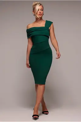 Goddiva Scuba Crepe Pleated Drop Shoulder Midi Dress - Emerald Green
