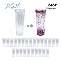 AGH 8/15/25pcs 24oz Acrylic Double Walled Snow Globe Cup Sublimation Plastic Clear Tumbler with Straw & Lid Car Drink Cup Dri...