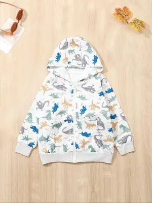 Toddler Boy's Dinosaur Print Zip Up Hoodie, Casual Long Sleeve Pocket Hooded Jacket for Fall & Winter, Kids Clothes for Daily...