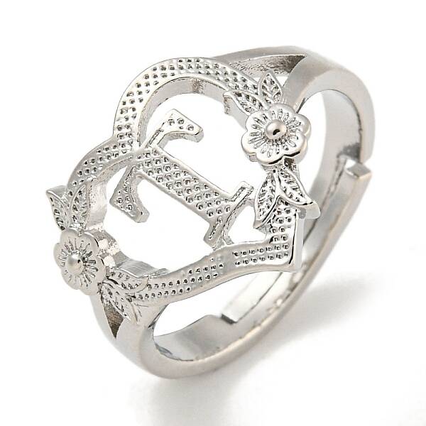 Heart with Letter & Flower Rack Plating Brass Adjustable Rings for Women