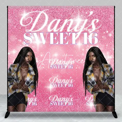 Aperturee Pink Sparkle Custom Name Photo Sweet 16 Backdrop, 3X3FT(1X1M), 15 USD, custom birthday backdrops, DZDM1Y88-O