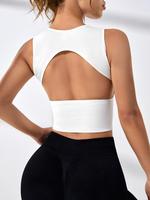 Women's Cut Out Round Neck Crop Sports Vest, Sporty Plain Cropped Sports Tank Top for Gym Workout Tennis Pickleball, Activewe...