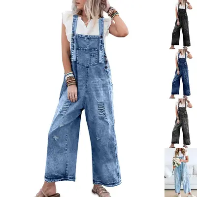 Danedvi Women's Denim Overalls Casual Jumpsuits Loose Fit Adjustable Strap Distressed Bib Jeans Overall Jumpsuits