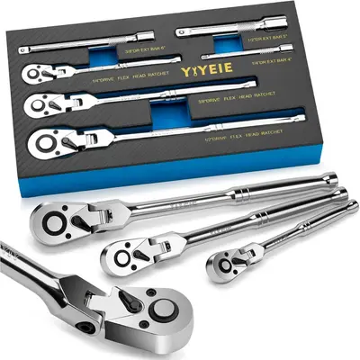 6-Piece Flex Head Ratchet Set, 1/4, 3/8, 1/2 Drive, Swivel Head Ratchet Wrench with Extension Bar, 72 Tooth, 180° Adju...